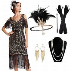 Retro Vintage Roaring 20s 1920s Flapper Dress Dress Outfits Cocktail Dress Flapper Headband Necklace / Earrings The Great Gatsby Women's Sequins Tassel Fringe Party / Evening Masquerade Dress 2024 - $49.99 Gatsby Design, Estilo Charleston, Karneval Diy, Roaring 20s Dresses, Elastic Jewelry, Black Flapper Dress, Dress Types, Gloves Dress, Great Gatsby Dresses