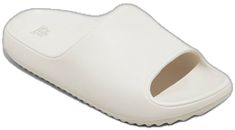 White Slip-resistant Sandals For Spring, White Slip-resistant Slide Sandals, White Open Toe Flip Flops With Arch Support, White Beach Slippers With Arch Support, White Non-slip Slide Flip Flops, White Synthetic Slide Slippers, White Synthetic Slippers With Arch Support, White Open Toe Slippers With Textured Footbed, White Slip-on Slippers With Arch Support