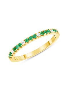 This halfway around green emerald and diamond band is substantial enough to stand out on its own or mix with your current rings. It would be perfect for your right hand or as a band with your engagement ring. Details Material: 14k Gold - Yellow, White or Rose gold Product Weight: 1.87 Gram Emerald Weight: 0.18ct Diamond Weight: 0.05ct Diamond Color: G-H Diamond Clarity: SI Available in white, yellow and rose gold. Platinum available - pricing upon request. Please allow 6-8 weeks if ring size is Emerald And Diamond Band, Diamond Stacking Band, Stacked Diamond Bands, Rings Sets, Emerald Band, Platinum Wedding, Ring Emerald, Initial Jewelry, Emerald Stone