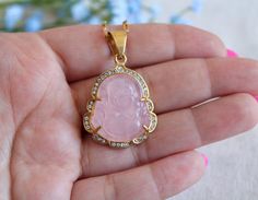 "❤︎ 18K GOLD FILLED Pink Jade Buddha Necklace | Jade Buddha Necklace Unisex | Waterproof | Buddha Laughing | Pink Buddha | Buddhism Religious ❤︎ 🌟...A B O U T...T H I S...I T E M... 🌟 ◾️ ~~Lead-free and Nickel-Free, a great choice for sensitive skins. ◾️ ~~Hypoallergenic. ◾️ ~~Tarnish-Free and our jewelry WILL NOT turn your skin black or green. ◾️ ~~WATERPROOF and SWEAT-RPOOF. ◾️ ~~Affordable, high-quality everyday wear jewelry. ...M A T E R I A L... ~~Pendants: 18k Gold FILLED Over Stainless Gold Spiritual Crystal Necklaces Nickel Free, Nickel Free Gold Crystal Necklace Gift, Gold Nickel-free Crystal Necklace For Gifts, Gold Nickel-free Crystal Necklace Gift, Nickel-free Gold Crystal Necklace As Gift, Nickel-free Gold Crystal Necklace Gift, Gold Pendant Crystal Necklace Nickel Free, Jade Buddha Necklace, Pink Buddha