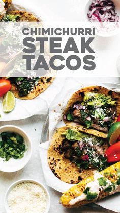 an image of steak tacos with cilantro and limes on the side