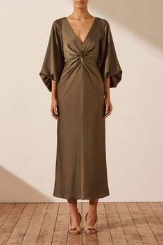 LUXE BALLOON SLEEVE KNOT FRONT MIDI DRESS | Pine | Dresses | Shona Joy – Shona Joy International Mob Dress, Shona Joy, Knot Dress, Silk Touch, Slim Fit Top, Sleeve Midi Dress, Midi Dress With Sleeves, Bridesmaids Dresses, Guest Outfit