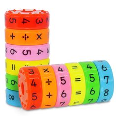 multicolored plastic numbers and fractions stacking rings for kids to play with