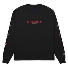 Love Kills [Wish You Were Here] Long Sleeve Shirt (V-Day Edition) • 100% cotton • Fabric weight: 5.2 oz/y² (176.3 g/m²) • Regular fit • Taped crew neck • Double-needle stitched bottom hem • Ribbed knit cuffs • Champion "C” logo on the left sleeve • Blank product sourced from El Salvador or Honduras This product is made especially for you as soon as you place an order, which is why it takes us a bit longer to deliver it to you. Making products on demand instead of in bulk helps reduce overproduct Love Kills, Wish You Were Here, V Day, C Logo, Wish You Are Here, Especially For You, Knit Cuff, Honduras, Salvador