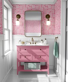 a bathroom with pink vanity and mirror in it