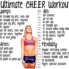 a woman with her arms crossed and the words ultimate cheer workout written in front of her