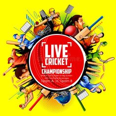 the live cricket championship poster with various sports items and people around it in a circle