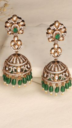 Discover the timeless elegance of these meticulously crafted jhumka earrings, designed to add a touch of regal charisma to your look. Cz Necklace, Jhumka Earrings, Fashion Attire, Custom Earrings, Cz Stone, Victorian Era, Indian Jewelry, Antique Gold, Jewelry Shop