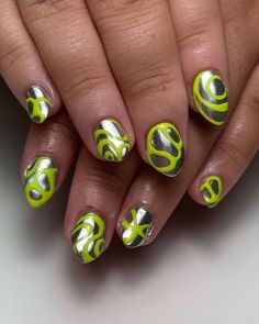 Textured Nail Art Designs, On Trend Nails 2024, Nails Lime Green, Bumpy Nails, Tomboy Nails, Pink Green Nails, Silver Chrome Nails, Slay Nails, Freestyle Nails