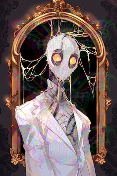 an alien in a white suit and tie standing next to a gold frame with the word,