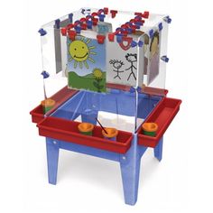 a child's play table with two mirrors and toys on the top one is red, white and blue