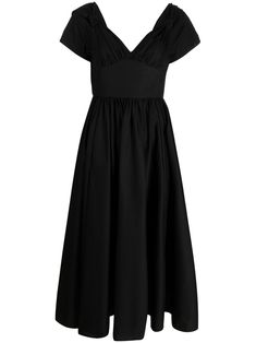 black stretch-cotton ruched detailing sweetheart neck short-sleeve overlay rear zip fastening flared skirt mid-calf length Farfetch Dress, Summer Elegance, Black Flare, Wardrobe Inspiration, Vestido Casual, Mid Length Dresses, Sweetheart Neck, Flared Skirt, Black Stretch