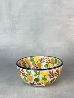 a bowl with leaves painted on the side and blue trim around the rim, sitting on a gray surface