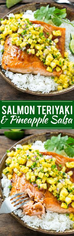 salmon and pineapple salsa on top of rice