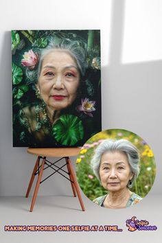 an old woman's face is shown in front of a portrait of her grandmother