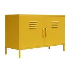 a yellow cabinet with two doors and three drawers