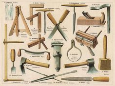 an illustration of various types of tools used in woodworking and crafts, from the 19th century to the present day