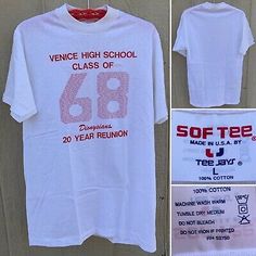 Vintage Venice High School Class Of 68 T-Shirt Dionysians 20 Year Reunion L 80s | eBay 90s Style White T-shirt For College, 90s Style White T-shirt, Retro Sports T-shirt For Summer, 90s Summer Sports T-shirt, Venice High School, 20 Year Reunion, Sunken City, High School Classes, School Class