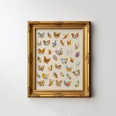 an ornate gold framed artwork with colorful butterflies on it's side, against a white wall