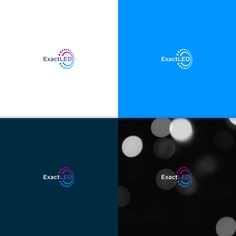 the logo for exact is shown in three different colors and styles, including blue, white, and black