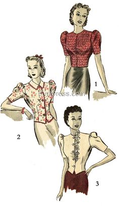 "Originally by Hollywood, this is an unusual sewing pattern for short-sleeve blouses in various styles. Blouse style 1 is close-fitting by means of elastic shirred fabric. Three rectangular guide pieces are furnished in this pattern for one to shir the fabric and then cut the pattern pieces for the style 1 blouse. NOTE: Two pieces are missing from this pattern to make all 11-pieces. The back blouse facing for styles 2 & 3 is missing and the sleeve facing for styles 2 & 3 is missing. Both Shirred Fabric, Blithe Spirit, Lindy Hop, Vintage Dress Patterns, Patterns Fashion, Blouse Style, Motif Vintage, Drafting Patterns, Diy Blouse