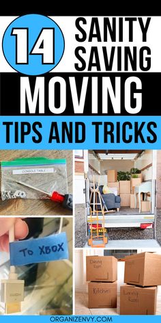 Collage of photos showing tips to stay organized during a move. Moving Tips Packing Organizing, Moving Tips Packing, Moving Tips And Tricks, Moving Long Distance, Moving Packing, Packing To Move