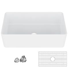 an image of a white kitchen sink and accessories