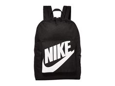 Nike Kids Classic Backpack (Little Kids/Big Kids) - Backpack Bags : Black/Black/White : Crafted from durable polyester and featuring a spacious main compartment with an all-around zipper closure, the boldly-branded Nike Kids Classic Backpack will keep all of their treasures secure. Webbed top-haul handle and padded adjustable shoulder straps for a comfortable ride. Front pocket with zip closure. Slip pocket at side for water bottles and smaller items. 100% polyester. Imported. Nike Bags Backpacks, Backpacks Black, Web Top, White Backpack, Nike Bags, Nike Classic, Kids Backpack, Back Bag, Bags Black