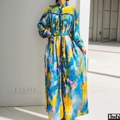 Fisdy - Stylish Long Sleeve Maxi Dress with Tie-Dye Print and Floral Design Stylish Maxi Dress, Umbrella Skirt, Basic Skirt, Tie And Dye, Rose Yellow, Dress With Tie, Skirt Skirt, Long Sleeve Maxi, Tie Dye Print