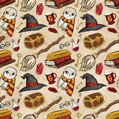 an image of harry potters pattern on a wallpaper with hogwart's hat and books