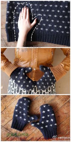 three pictures showing how to knit mitts with the fingers and thumb holes in them