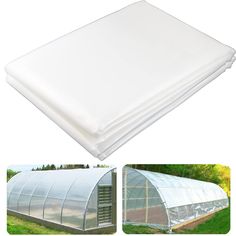 four different views of a green house with plastic sheets on the bottom and side panels