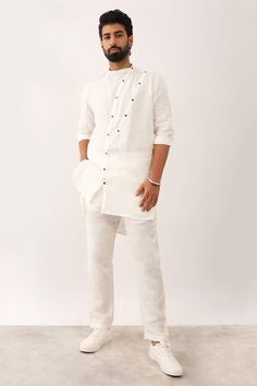 White linen kurta with asymmetric button placket panels and high-low hem. Paired with flat front trouser. - Aza Fashions White Linen Fitted Kurta, White Fitted Linen Kurta, Trouser Pattern, Kurta Set For Men, Band Collar, Kurta Set, High Low Hem, Button Placket, Aza Fashion