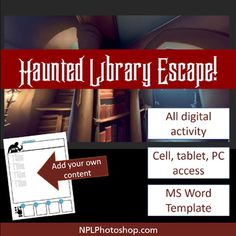 an image of a book with the text'haunted library escape'in red and black