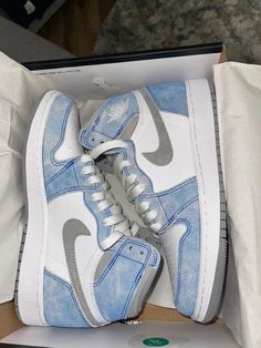 Custom Blue White Jordan 1 High Q – fashionupstore1 Jordan 1 Blue And White, White And Blue Shoes, White Jordan 1, Jordan 1 Sneakers, Pretty Sneakers, Trendy Shoes Sneakers, Dr Shoes, Nike Fashion Shoes, Nike Shoes Girls