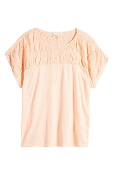 Eyelet embroidery highlights the smocked yoke of a lightweight jersey top that's sure to be a warm-weather fave. 26" front length; 28 1/2" back length (size 2X) Scoop neck Short sleeves 58% cotton, 42% modal with 100% cotton contrast Machine wash, tumble dry Imported Casual Pointelle Knit T-shirt For Spring, Casual Pointelle Knit T-shirt For Summer, Casual Cotton T-shirt With Lace Trim, Spring Cotton Smocked Top With Relaxed Fit, Cotton Smocked Short Sleeve Top For Daywear, Cotton Smocked Top With Short Sleeves For Daywear, Relaxed Fit Cotton Top With Smocked Back, Relaxed Fit Short Sleeve Smocked Top, Cotton Smocked Top With Short Sleeves