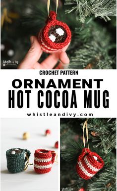 crochet ornament hot cocoa mug hanging from a christmas tree with text overlay