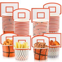 basketball themed party supplies including cups, plates and napkins with the word go written on them