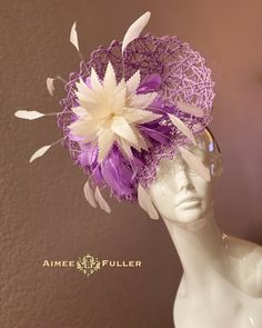 Kentucky Derby Fascinator Hand-sculpted feather fascinator perched on crisscross paper-art base in luscious purples and cream. Multiple color combinations available; please inquire. Easy-to-wear headband fascinator makes a statement, and can be worn to a myriad of events: Easter, bridal, derby-wear, Del Mar races, hat contests, church, galas, Kentucky Derby, Melbourne Cup, Breeders' Cup, high tea, weddings, cocktail parties, and more.  Some customizations available as this is made-to-order; please message with your requests to see if we can meet your needs. Other colors available; please inquire before purchase if you need another color.   *FREE SHIPPING  For more STATEMENT JEWELRY and HANDMADE HATS go to www.aimeesfuller.com Aimee Fuller has been a trusted online seller since 1999, and is Purple Mini Hats With Feathers For Kentucky Derby, Purple Feathered Mini Hats For Kentucky Derby, Purple Feathered Headpieces For Kentucky Derby, Purple Feathered Mini Hat For Summer, Purple Feathered Hat For Kentucky Derby, Purple Feathered Hats For Summer, Purple Spring Fascinator Hat, Purple Feather Headpieces For Spring, Summer Purple Feathered Fascinator