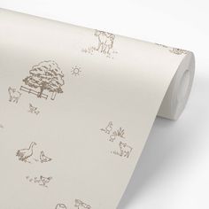 a white wallpaper with animals and trees on it's side, in front of a white background