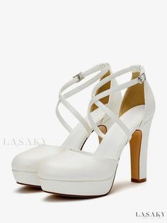 Lasaky - Classic Ivory Satin Platform Bridal Pumps with Criss Cross Detailing - Elegant Choice for Wedding Satin Wedding Shoes, Bridal Pumps, Bridal Flats, Rhinestone High Heels, White High Heels, Elegant High Heels, White Wedding Shoes, Bridal Sandals, Bridal Heels