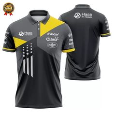 a black and yellow polo shirt with an american flag on it