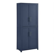 a tall blue cabinet with two doors