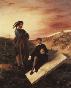 a painting of two people sitting on top of a piece of paper with the sky in the background