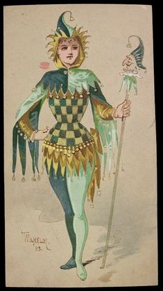 a drawing of a woman in costume with a bird on her head and a cane