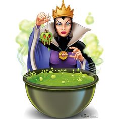 an evil queen holding a spoon over a bowl of green liquid