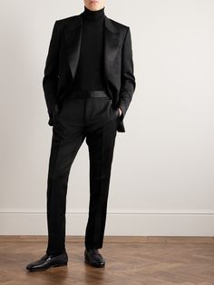 TOM FORD's tuxedo trousers are tailored on its popular straight-leg 'Shelton' block. Made from grain de poudre wool and mohair-blend, they're trimmed with satin and have adjustable tabs at the waist and unfinished hems, so you can alter them to your preferred break. Convocation Ideas, Tom Ford Tuxedo, All Black Suit, Party Jacket, Black Suit Men, Tom Ford Clothing, Tom Ford Suit, Party Jackets, Tuxedo Pants