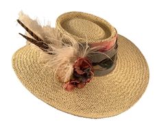 "Large Brim Gambler W/Vintage Floral Scarf -#1445 Large brim Gambler hat with Vintage Floral scarf band around the crown with French Blue, Mauve and ivory flowers with ostrich feathers and an ostrich plume. SIZE: Medium, 22\" - 22 1/2\" inches for the head circumference. Hat sizing can be provided if you need to make it fit a smaller. Please message me. You must measure your head to make sure the hat will fit. Hat will be made for you after you place your order. Therefore, it will take about 2 t Country Style Brimmed Top Hat, One Size, Country Style Brimmed Top Hat, Country Style Adjustable Boater Hat For Kentucky Derby, Adjustable Country Style Boater Hat For Kentucky Derby, Bohemian Boater Hat With Short Brim For Garden Party, Bohemian Boater Hat For Garden Party With Short Brim, Vintage Handmade Hats For Country Events, Country Style Brimmed Top Hat For Beach, Bohemian Brimmed Straw Hat For Kentucky Derby