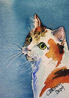 a watercolor painting of a cat with green eyes