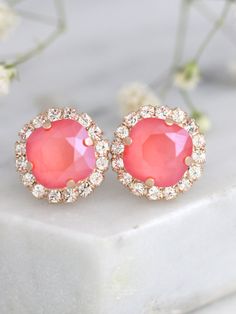 Coral Earrings Bridal Coral Earrings Peach Studs by ilona rubin #coralearrings, #peachearrings, #bridalearrings Coral Wedding Earrings, Coral Earrings For Gift, Orange Pierced Earrings For Wedding, Pink Earrings For Bridesmaid Gift, Hair To The Side, House Earrings, Coral Crystal, Opal Drop Earrings, Orange Earrings